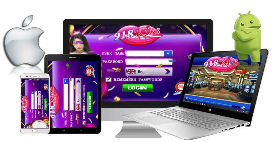 918Kiss app hero banner with slot game characters