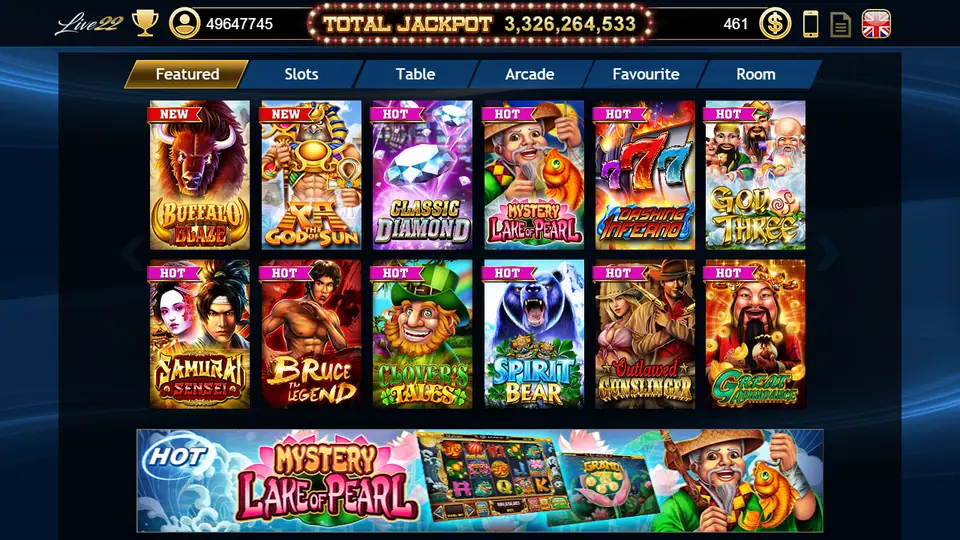 Live22 lobby with a grid of slot game tiles