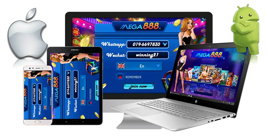 Mega888 app download screen for Android and iOS