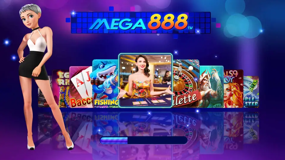 Mega888 casino app banner with the logo and slot game artwork