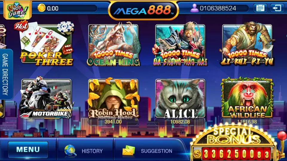 Mega888 lobby screen with slot game tiles on a mobile display