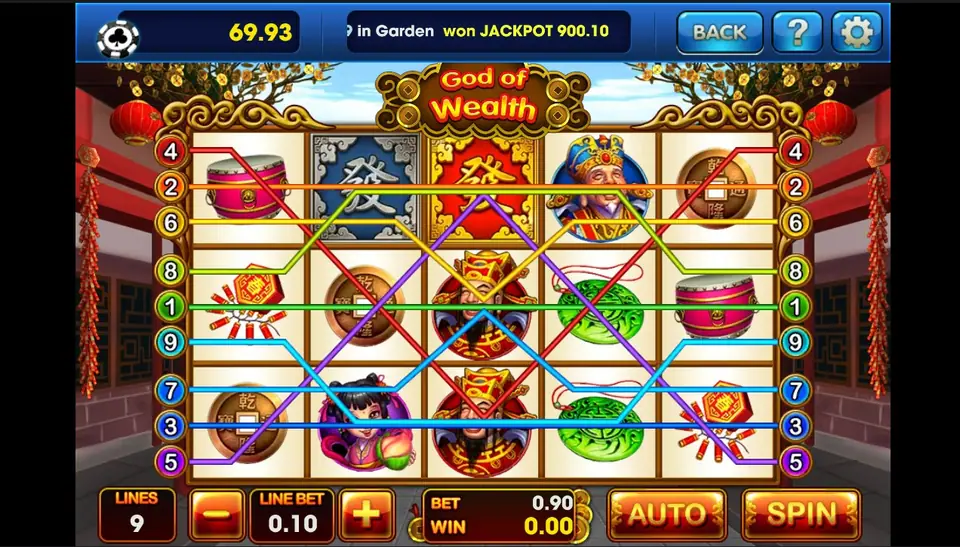 God Of Wealth paytable listing the dragon, tiger, ox and lantern values