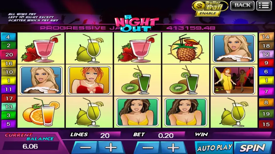 A Night Out slot on 918Kiss with bar and drink symbols on a purple background