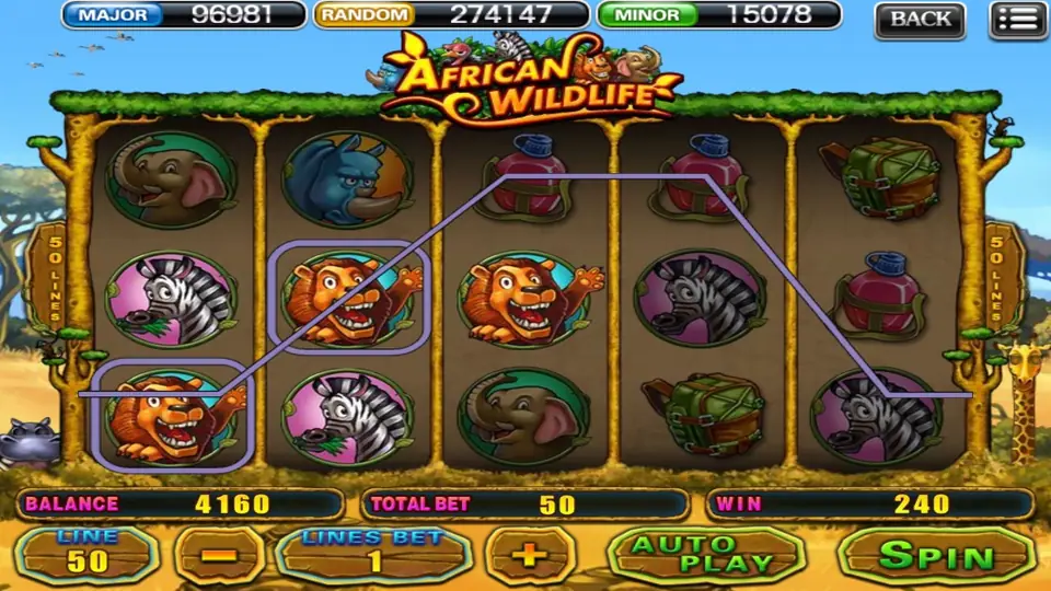 African Wildlife paytable listing the wildlife symbols and features