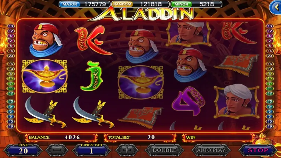Aladdin paytable page listing symbol values and features