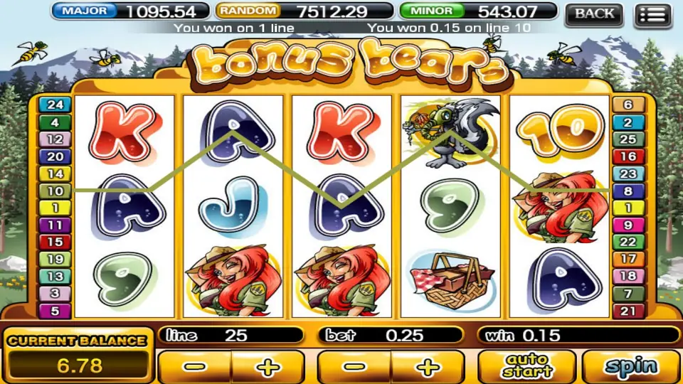 Bonus Bears bet panel showing coin size and coins per line