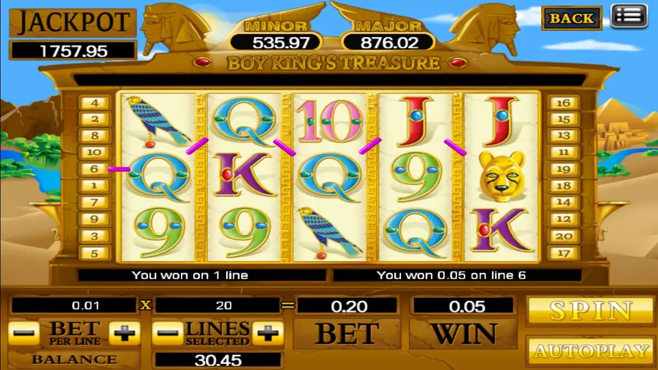 Boy King's Treasure spin with the king wild completing several lines