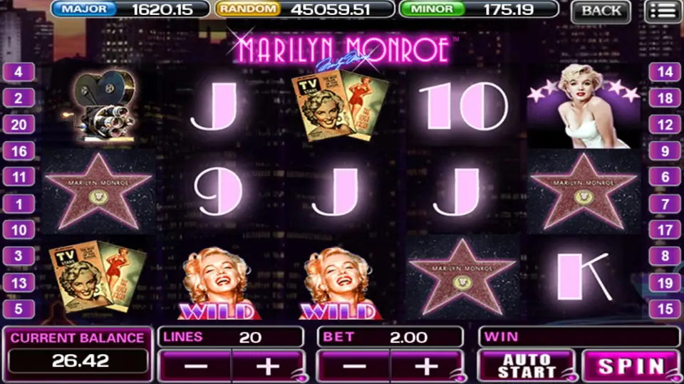 Marilyn Monroe slot reels with Hollywood-style symbols on ACE333