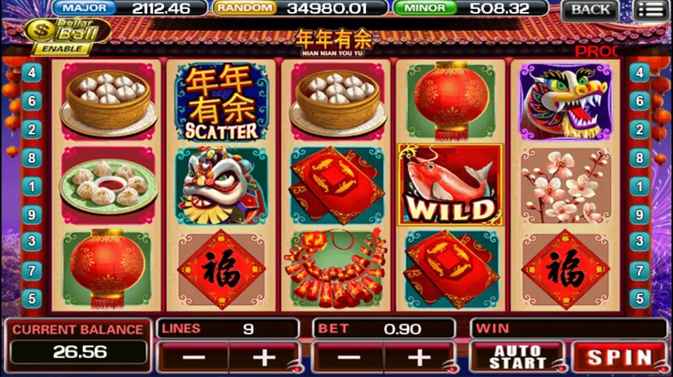 Nian Nian You Yu slot reels with lanterns and red envelopes on ACE333