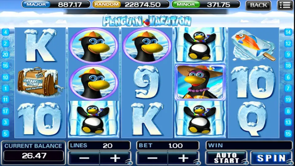 Penguin Vacation reels on a blue panel over an ice-block background