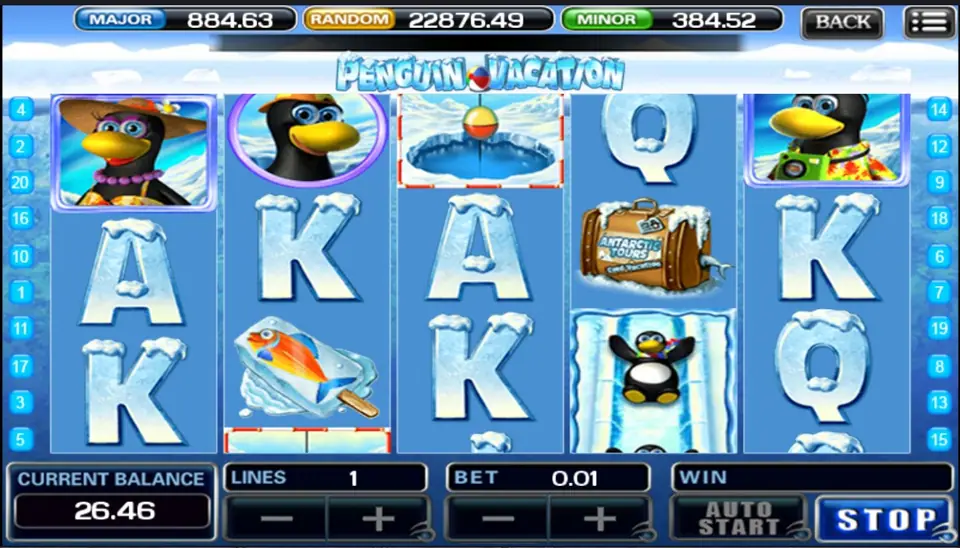 Penguin Vacation reels framed by ice blocks in the ACE333 app