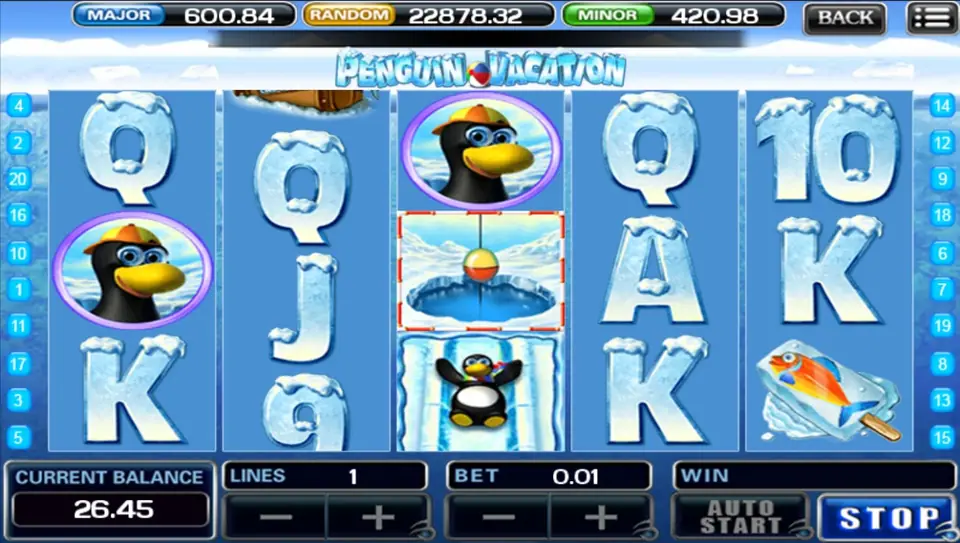 Paytable screen for Penguin Vacation showing the frozen card values