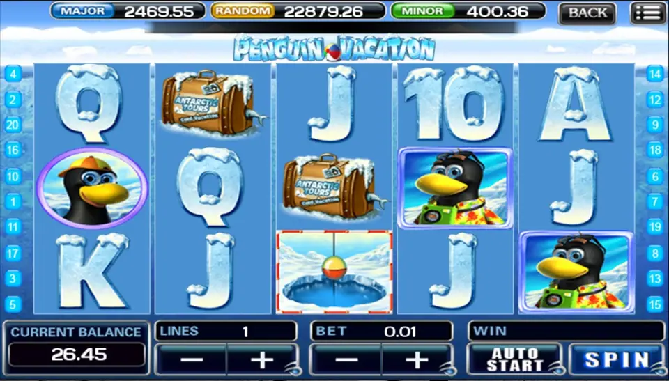 Penguin Vacation winning line made of frozen card symbols