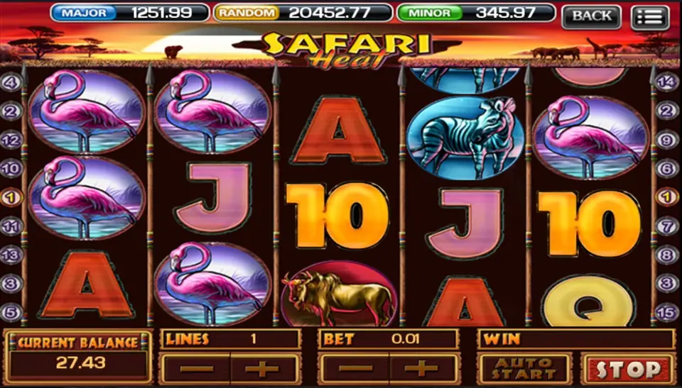 Safari Heat main reels with gnu, zebra and flamingo symbols