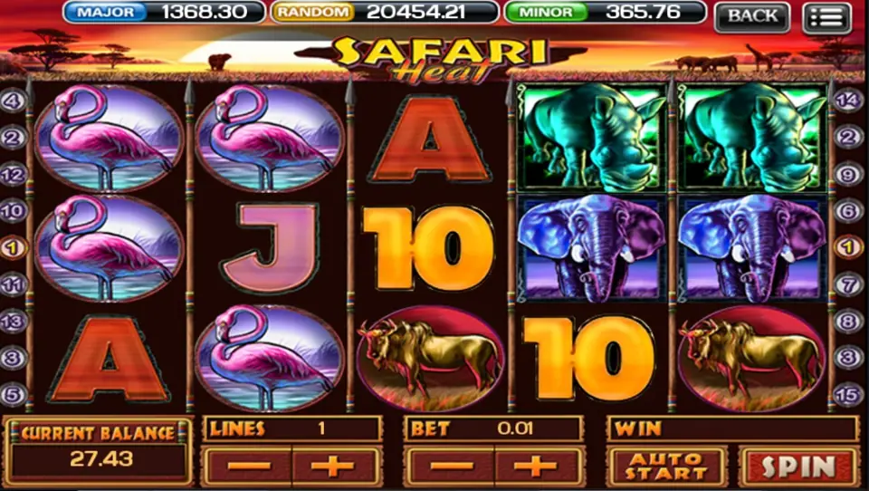 Safari Heat paytable listing coin prizes for each animal