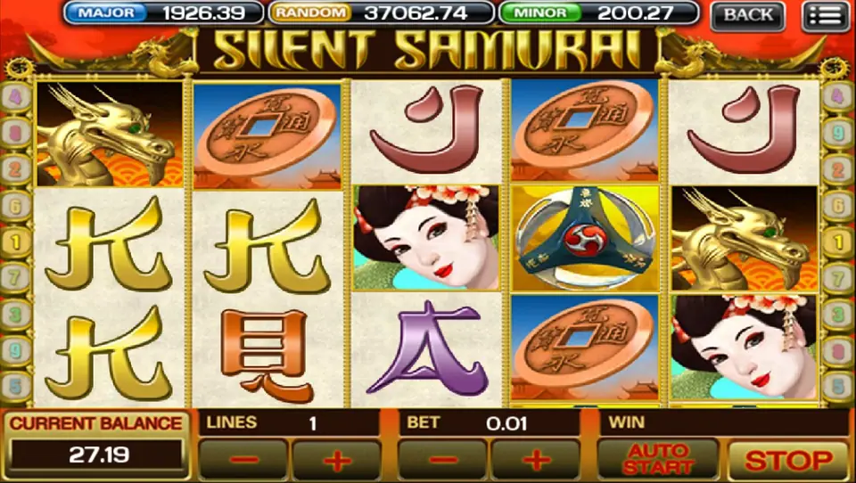 Silent Samurai main reels with samurai and Japanese temple symbols