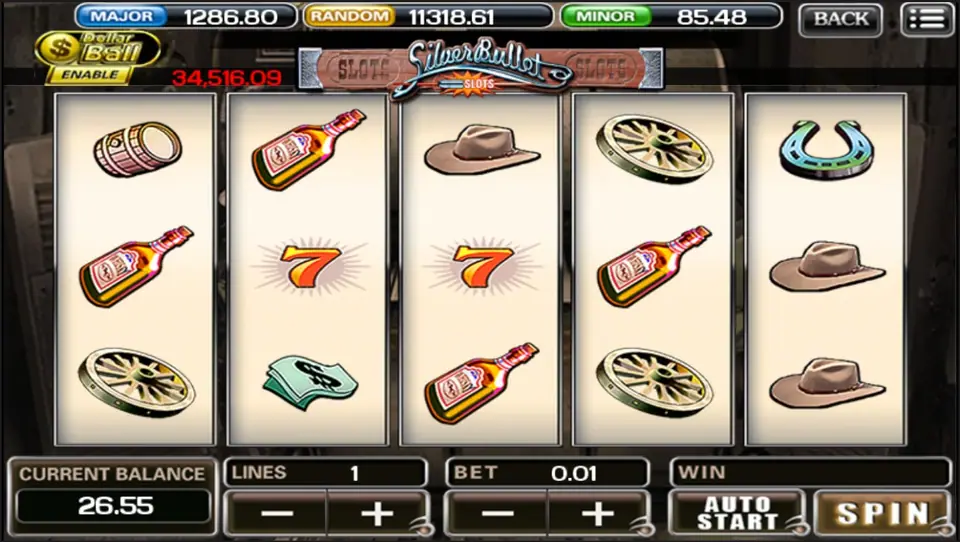 Silver Bullet bet panel showing coin size and active paylines