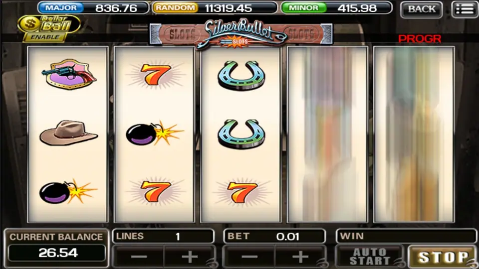 Silver Bullet paytable screen with symbol values per line