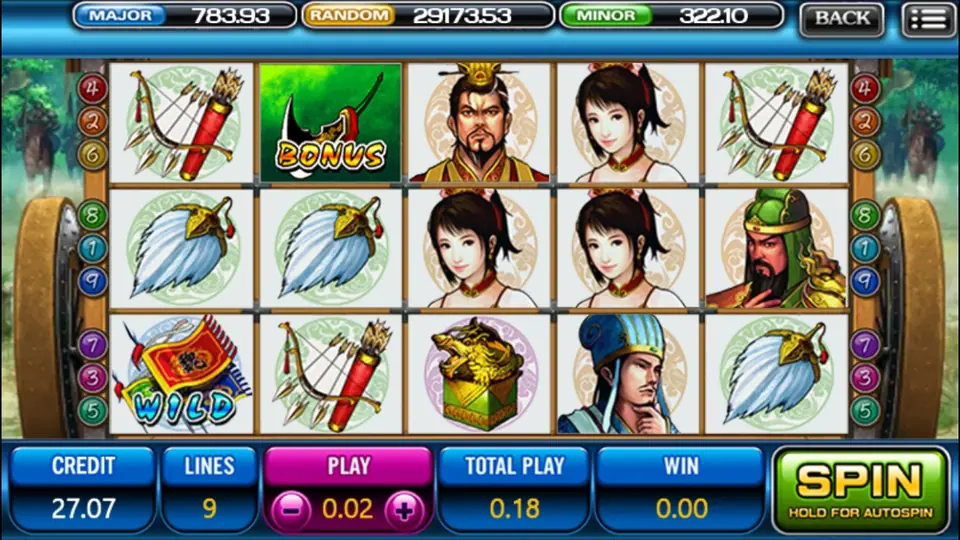 Three Kingdom bet controls on the red strip below the reels