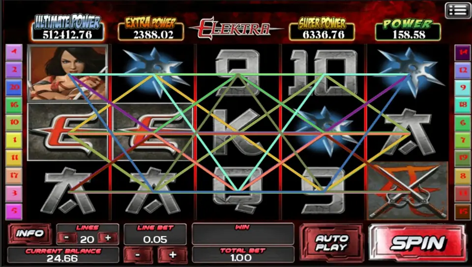Elektra slot reels on ACE333 with the heroine and her weapons