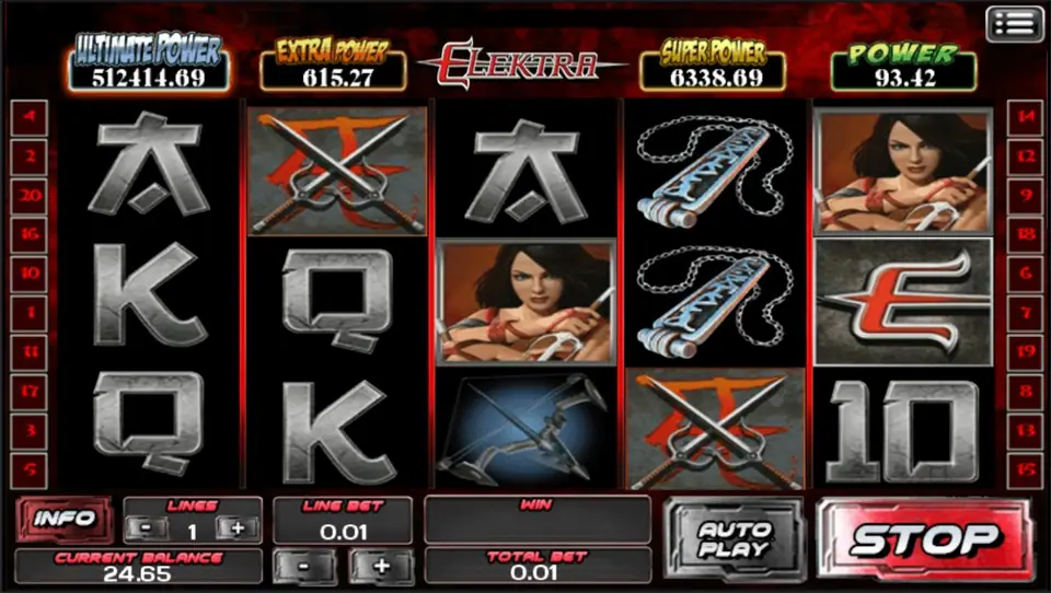 Elektra main reels on ACE333 with character and weapon symbols