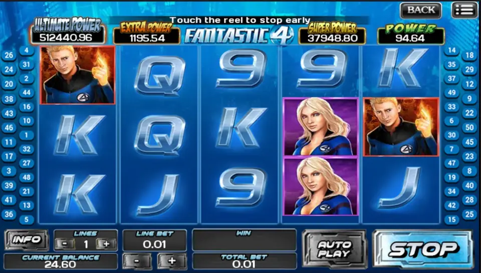 Fantastic 4 reels on ACE333 showing the four superhero symbols