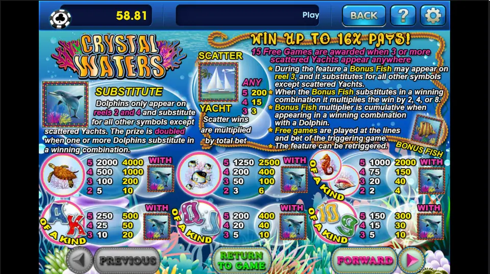 Crystal Waters underwater reels on 3Win8 with turtles, seahorses and shells