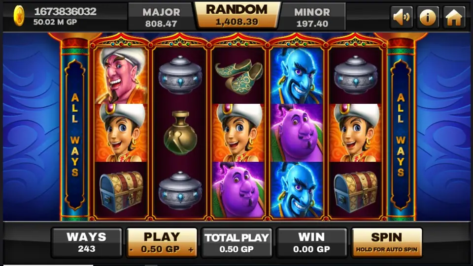 Aladdin slot on Joker123 with palace and magic carpet symbols on five reels
