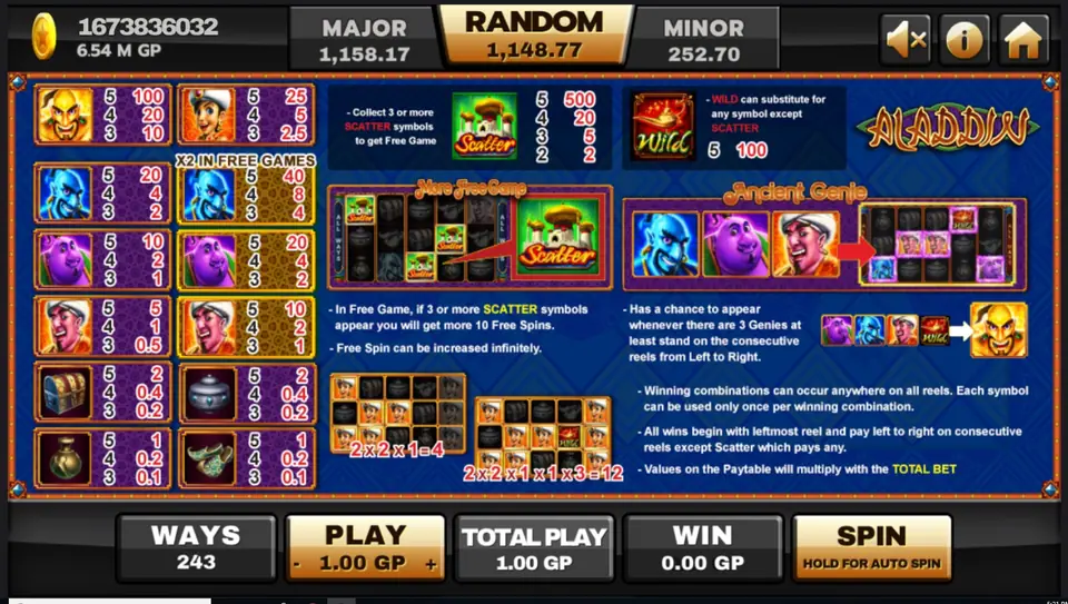Aladdin paytable screen opened from the lower left button