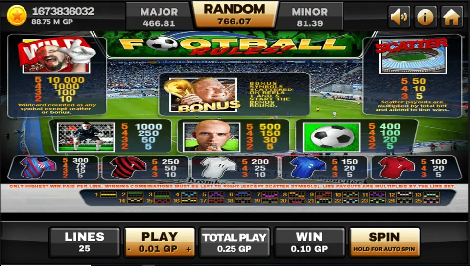 Football Rules paytable listing coin wins for each symbol