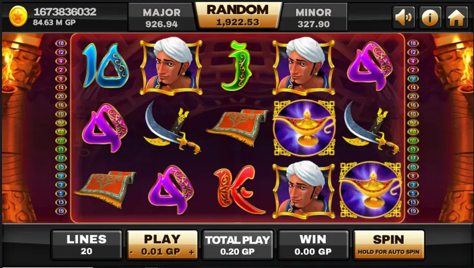 Genie slot on Joker123 with a grinning genie above five reels