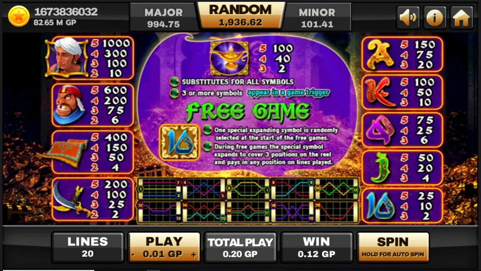 Genie paytable screen with symbol values for the 20 paylines