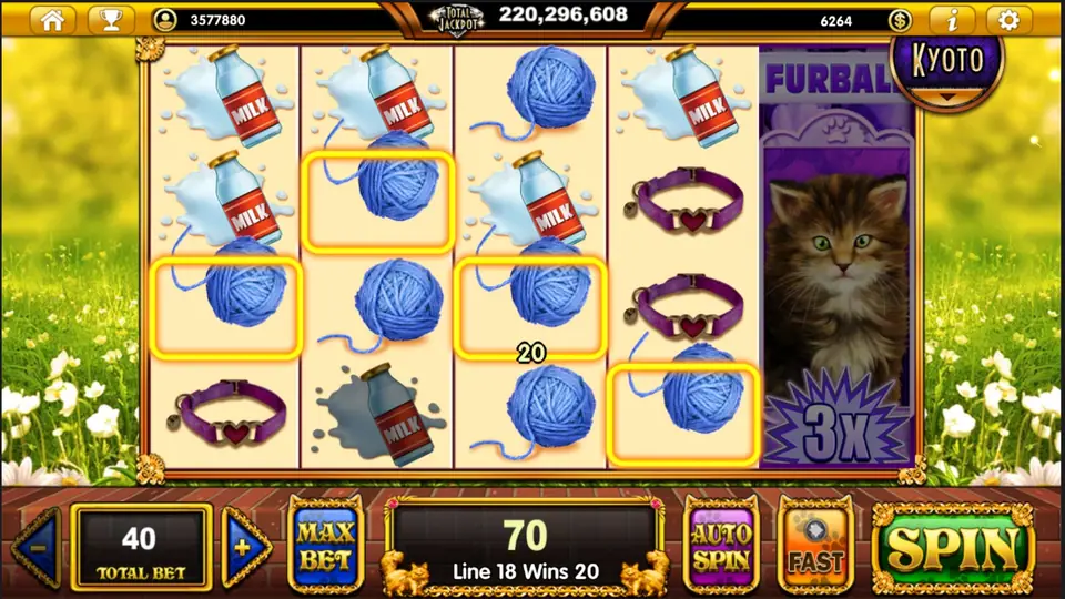 POP Kittens bet panel with coin value and total bet
