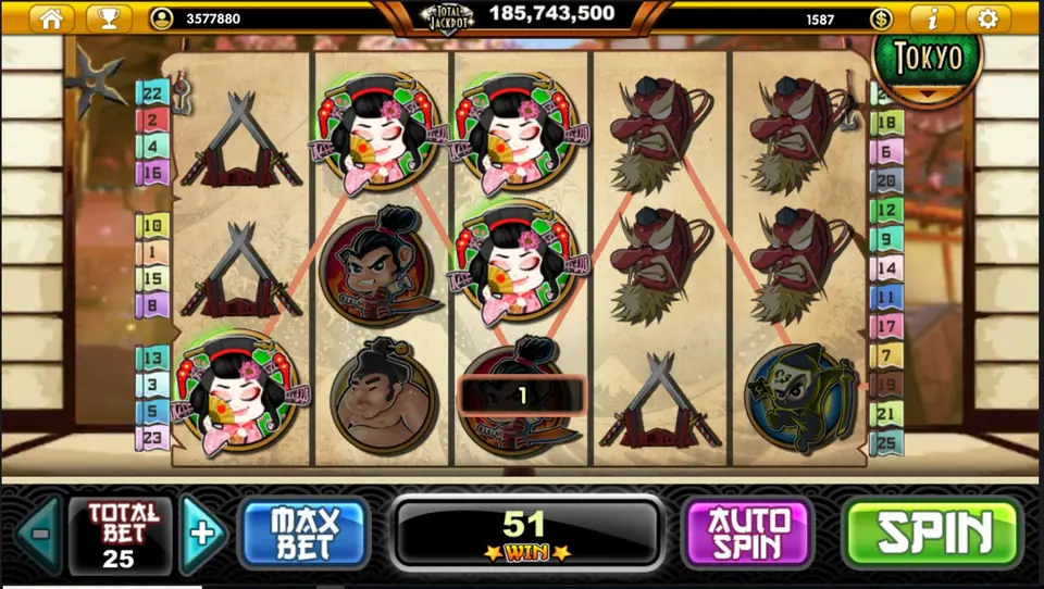 Samurai Heroes paytable showing the paper fan and weapon symbols
