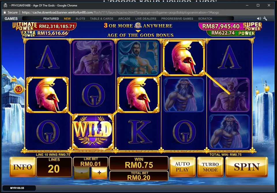 Age of the Gods reels on LPE88 with Zeus and Athena symbols