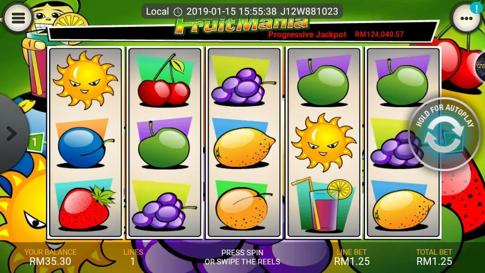 Fruit Mania slot on LPE88 with a 5x3 grid of fruit symbols and a fruit-market background