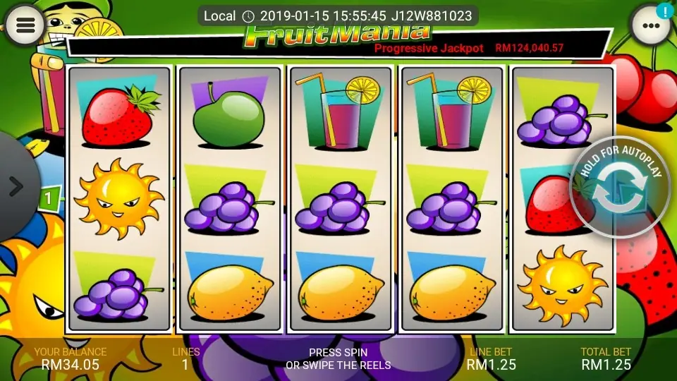 Fruit Mania bottom bar with bet, line bet, credit and win displays