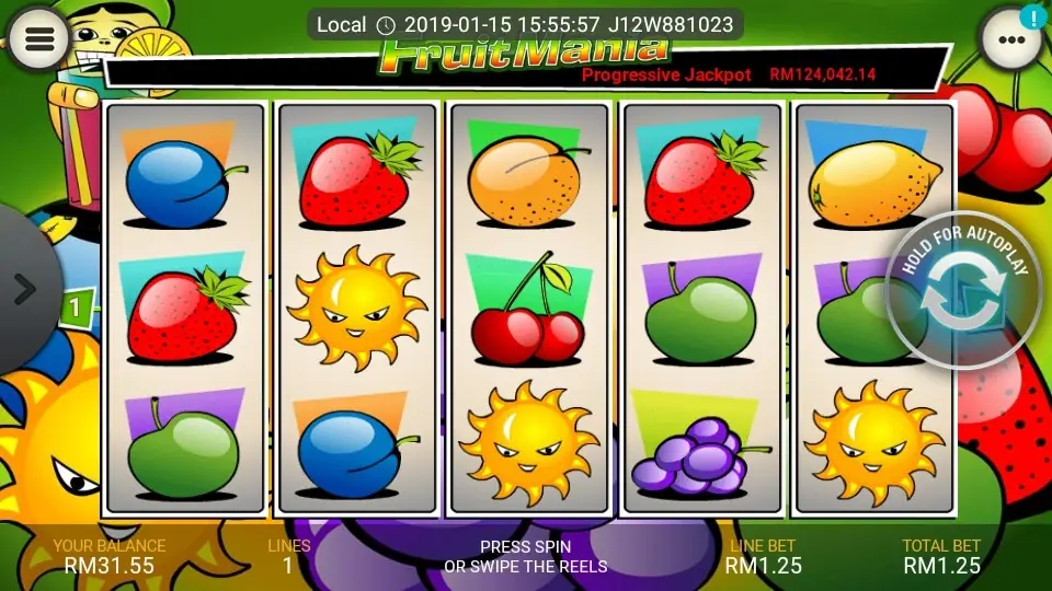 Fruit Mania bonus screen with fruit symbols and prize values