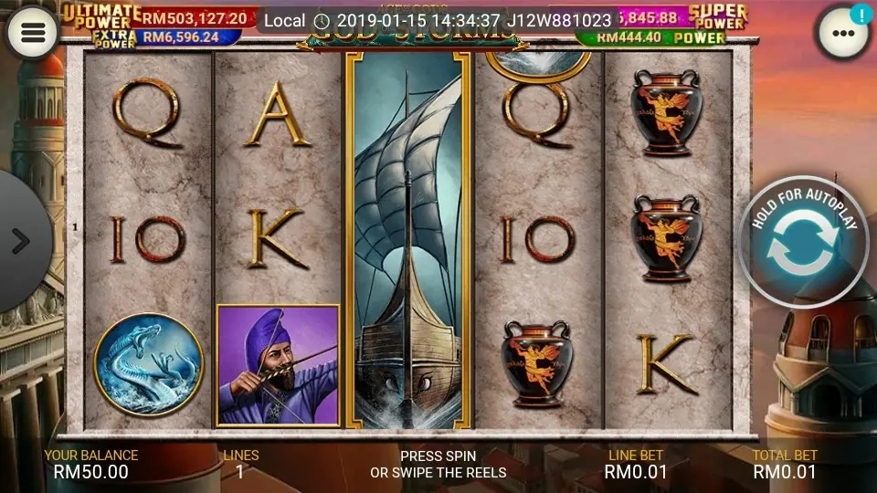 God of Storm reels in the base game with the bet panel along the bottom