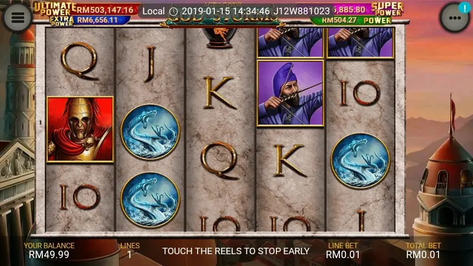 Paytable page listing the God of Storm symbols and line pays