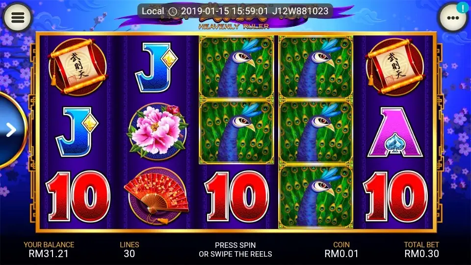 Heavenly Ruler base game spin with a small line win highlighted