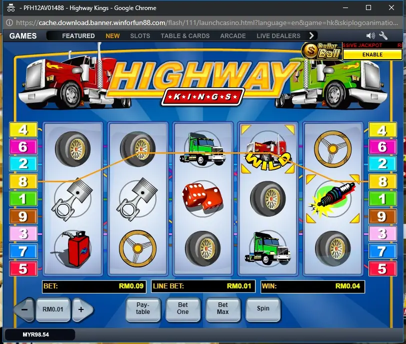 Highway Kings trucks landing across the reels on a winning line