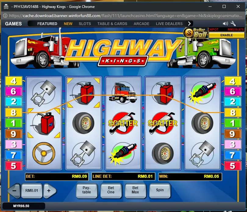 Paytable for Highway Kings listing the truck and scatter values