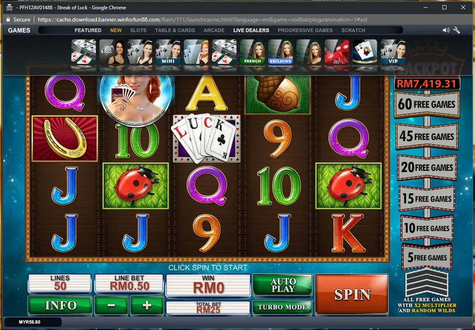 Streak of Luck main screen on LPE88 with lucky charm symbols