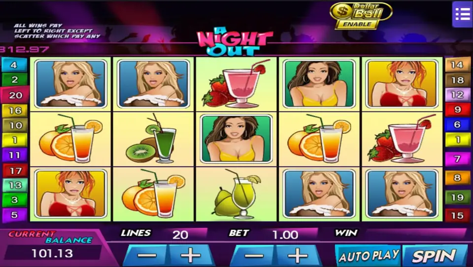 Night Out slot on Mega888 with a purple background and cocktail symbols