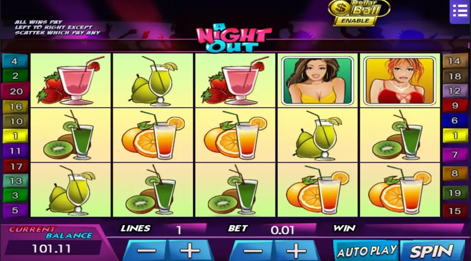 Night Out paytable showing the cocktail and character symbol values