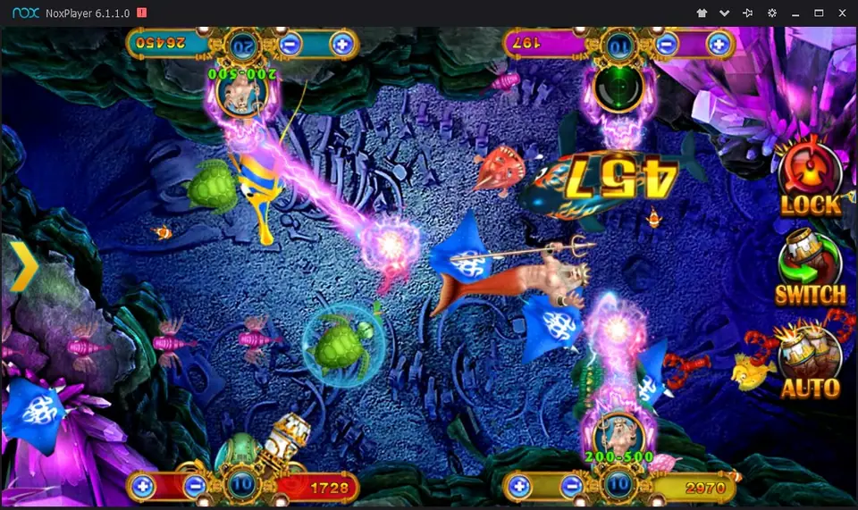 Several players firing at a large fish on an Ocean King sea map