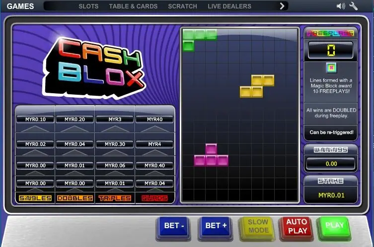 Cash Blox grid with coloured blocks forming a completed line