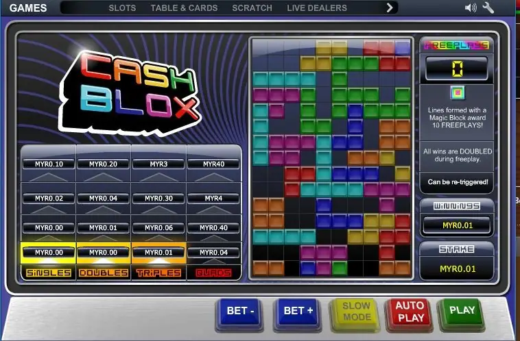 Cash Blox play grid with coloured falling blocks and the paytable alongside
