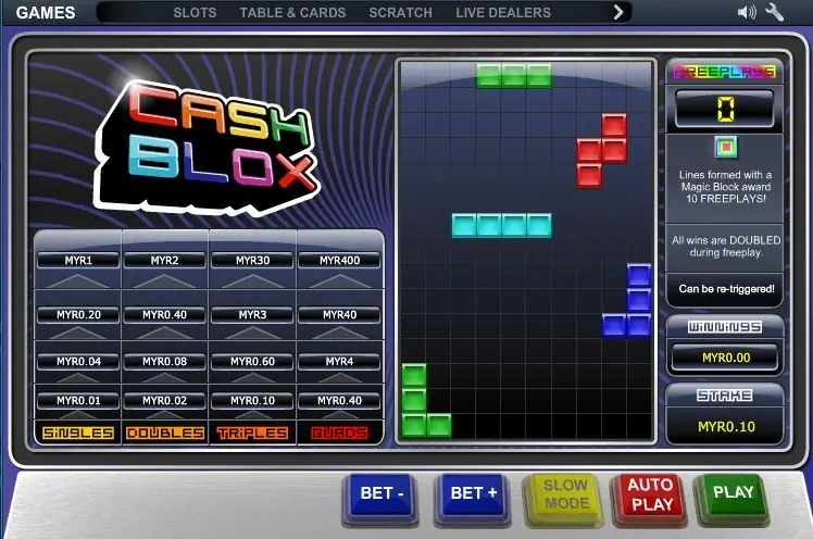 Cash Blox paytable next to the play grid showing prize values